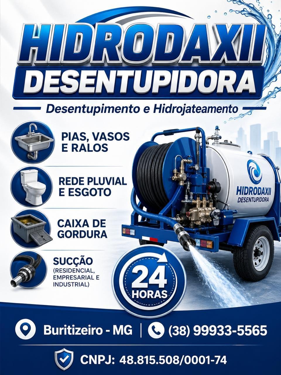 Desentupidora Hidrodaxii Pirapora MG - Serviços de desentupimento, hidrojateamento, sucção e limpeza de fossa